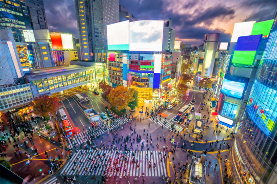 Blick auf eine gro&szlig;e Kreuzung in der Megacity Tokio im Nachlicht mit grellen Leuchtreklamen an Hochh&auml;usern